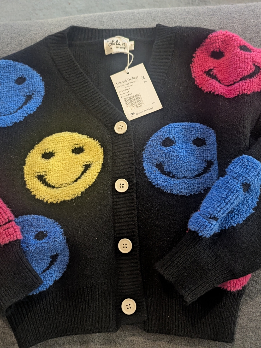 Lola and the Boys Kids Black Smiley Cardigan Sweater - Colorful Smiley Faces
